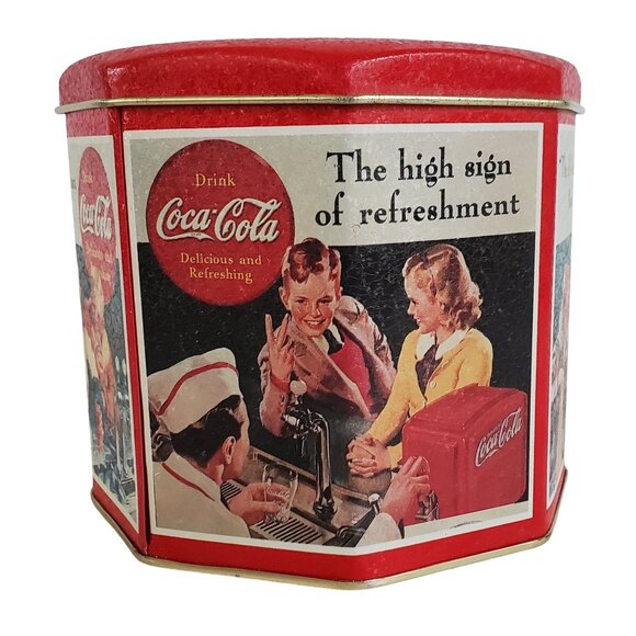 Vintage Coca-Cola Octagon Tin Classic 1950s Artwork 5.5" Collectible Storage - Picture 2 of 4
